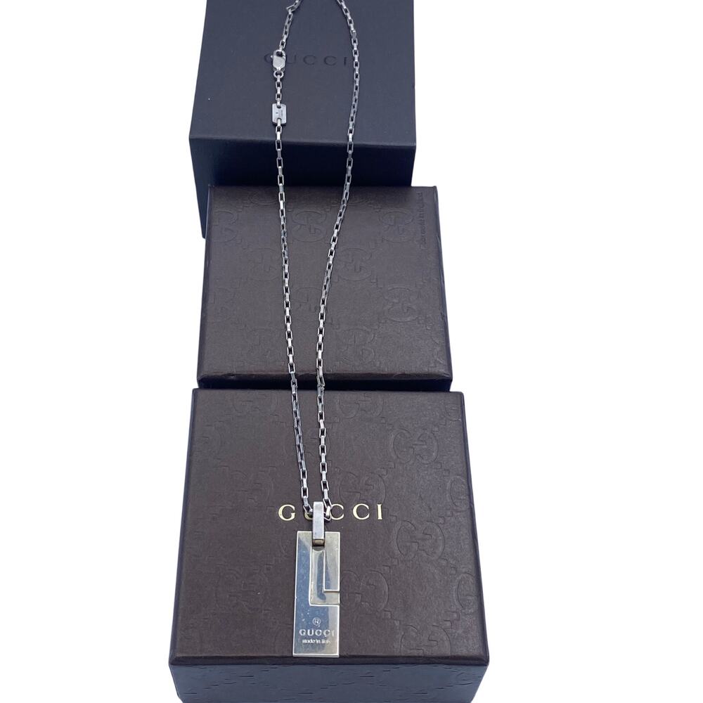 Authentic Gucci Pendant Necklace Mark Plate Rectangle Silver 16" - Picture 5 of 9